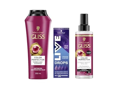 Schwarzkopf Live Color Drops Orchid Purple (30 ml), dosierbare Farb-Drops & Gliss Shampoo (250 ml) & Express-Repair-Spülung (200 ml) Colour Perfector, Hitzeschutz (230 °C)