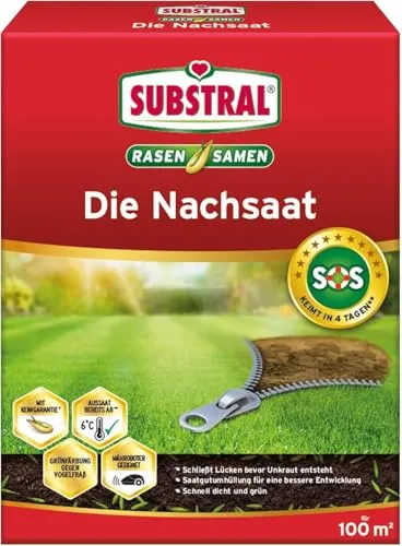 Substral Rasensamen Die Nachsaat 2 kg - Rasensamen für schnelle Nachsaat und Rasenreparatur, ideal auch bei niedrigen Temperaturen. Enthält SOS-Sorte für Turbo-Keimung und Nährstoffbeschichtung für optimale Entwicklung.