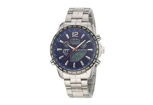 ETT EGS-11478-31M Solar Drive Funkuhr Discovery Herrenuhr 45mm - Silber/Blau - Chronograph mit Solarantrieb, wasserdicht bis 10 ATM und Weltzeitfunktion für 38 Städte. Modernes Design mit blauem Zifferblatt und robustem Edelstahlarmband für umweltbewusste Herren.