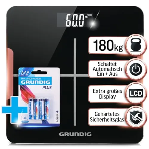 Grundig Personenwaage digital, Körperwaage bis 180 kg mit hochpräzisen Sensoren, Weight Scale, Waage Personen, 5mm gehärtetes Sicherheitslas, LCD-Display mit großen Zahlen, schwarz (inkl. Batterien)