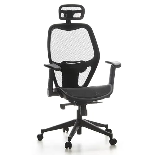 hJh-OFFICE Bürostuhl AIR-PORT, schwarz - Ergonomischer Bürostuhl mit verstellbarer Kopfstütze und Lendenwirbelstütze, ideal für langes Sitzen im Büro oder Home Office, bis 110 kg belastbar.