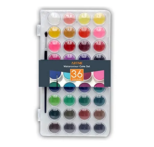 Artme Wasserfarben 36 Farben mit einem Künstlerpinsel - Aquarell-Kuchen-Set