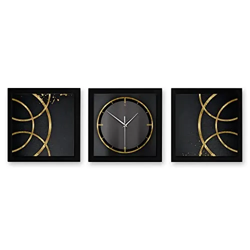 Kreative Feder 3D Designer-Wanduhr Golden Rings 3-teilige Funkuhr 150x50cm Schwarz in modernem Metallic-Look rechteckig ohne Tickgeräusche (Golden Rings, 150x50cm; leises Funkuhrwerk)
