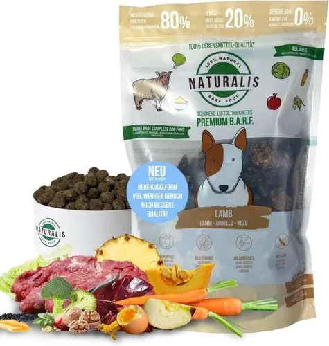 Naturalis TrockenBARF 500g - 80% Lamm, 20% Gemüse - Hundefutter, getreidefrei und hypoallergen, ideal für alle Hundegrößen und Altersklassen, enthält keine Zusätze und bietet eine hochwertige Ernährung.