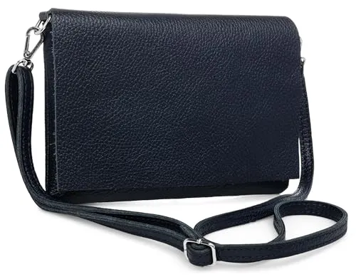Caspar Stilvolle Leder Clutch Abendtasche Damen Umhängetasche mit verstellbarem Schultergurt - CLASSIC LINE - Modell No.839 - Made in Italy, Farbe:dunkelblau