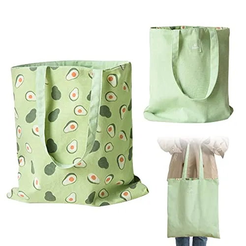 PLATEYTR Doppelseitige Leinentasche aus Baumwolle und Leinen,Stoff Tasche, Einkaufstasche, Baumwolle Schulter reversible Leinwand Messenger Bag für Damen,Kinder(Avocado,40cm x 36cm)