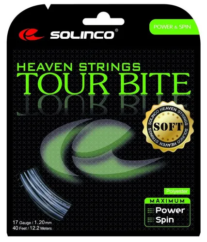 Solinco Tennissaite Tour Bite SOFT 1.30mm - Hochleistungs-Polyestersaite - Tennissaiten mit extremem Spin und Biss, entwickelt für Powertennis. Die eckige Form sorgt für maximale Beschleunigung und Kontrolle. 12m Set in silber, getestet und empfohlen von Tennismagazinen.