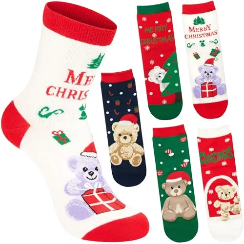 BRUBAKER 5 Paar Weihnachtssocken für Damen - Teddybär Merry Christmas - Lustige Socken Weihnachten - Buntes Teddy Sockenset - Geschenk für Frauen & Mädchen - Größe 30-35