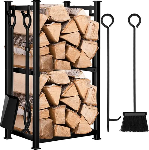 Kaminholzregal mit 4 Kaminwerkzeugen 72x46x30cm - Kaminbesteck für drinnen und draußen, robustes Holzregal in Schwarz mit praktischem Zubehör für gemütliche Abende am Kamin.