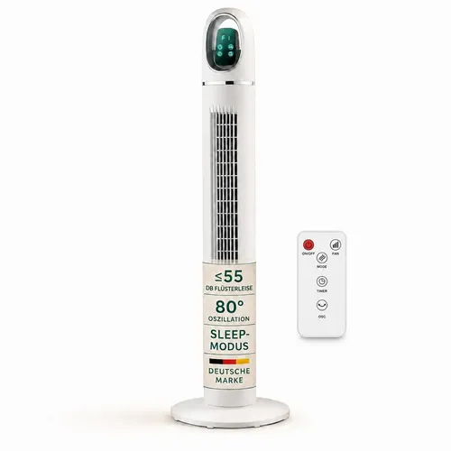 Onbest Turmventilator Standventilator mit Fernbedienung – leise und effizient - Leistungsstarker 45W Säulenventilator mit 80°-Oszillation, ideal für angenehme Kühlung. Mit Fernbedienung und verschiedenen Modi für höchsten Komfort und individuelle Anpassung.
