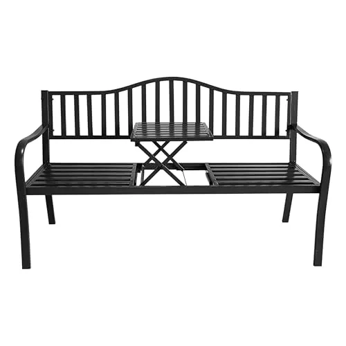 Metall Gartenbank mit integriertem Tisch - 150 x 56 cm - Sitzbank 2in1 schwarz pulverbeschichtet - Parkbank Bank mit Klapptisch Ablage für Garten Balkon Terrasse 450kg Belastbarkeit wetterfest