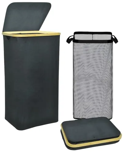 infactory Wäschesammler mit Deckel: Wäschekorb mit Deckel, Bambus-Henkel, Netztasche, 100 Liter (Wäschebox mit, Wäschesammler faltbar mit, Decke)