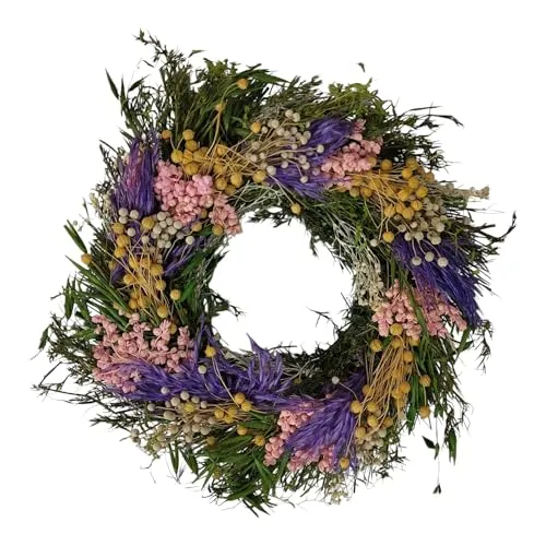 Getrockneter Blumenkranz 24 cm Durchmesser Natürliche Blumen und Gräser Plastikfrei (Grün/Lila)
