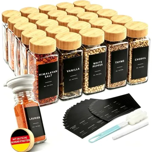 Otauoaea Gewürzgläser Eckig Set [24 Stück] mit Bambus Deckel, 120ml Gewürzdosen mit 246 Etiketten, Spice Jars, Gewürzstreuer Gewürzbehälter mit Trichter, Leeren Aufklebern, Reinigungsbürste, Sieben