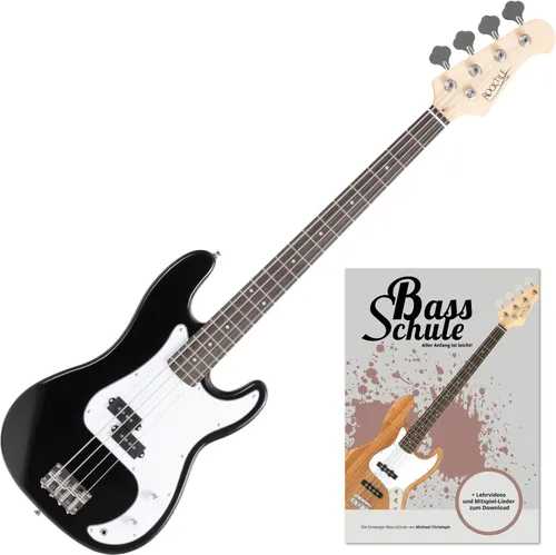 Rocktile Puncher E-Bass Set Schwarz mit Schule - E-Bass mit Mahagoni-Korpus und Ahorn-Griffbrett, ideal für Einsteiger. Inklusive umfangreichem Schulungsmaterial für den E-Bass.