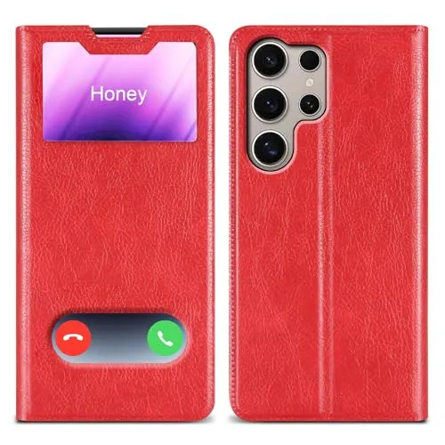 Cadorabo Hülle kompatibel mit Samsung Galaxy S24 Ultra in Safran ROT - Schutzhülle mit Magnetverschluss, Standfunktion und 2 Sichtfenstern