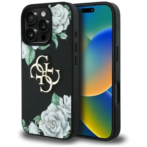 CG MOBILE Guess Grained Roses Big 4G-Logo für iPhone 16 Pro Max (Schwarz) - Stylische Standard Handyhülle aus TPU, PC und Öko-Leder, schützt Ihr iPhone 16 Pro Max und verleiht ihm einen eleganten Look.