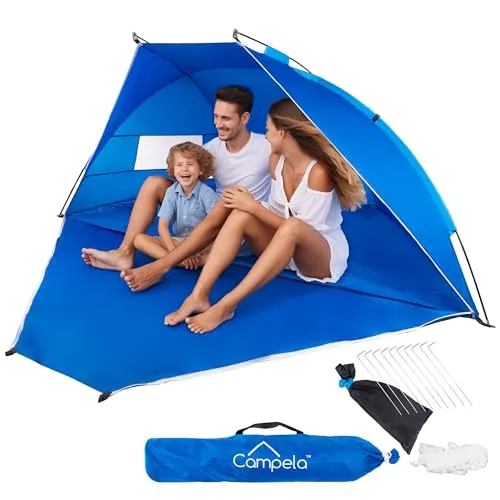 Campela Strandmuschel mit UV Schutz – 2-in-1 Strandzelt mit Fliegengitter & Reißverschluss – Für Strandurlaub & Badesee – Leicht, 1,55 kg, wasserdichter Boden – Blau CA0077BLU