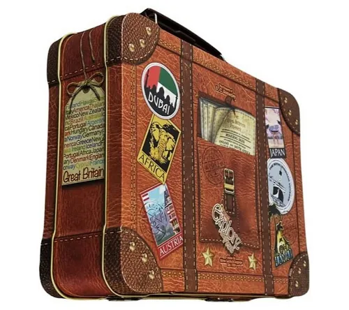 MediMuc Keksdose Koffer Dosen Auswahl - Keksdosen im Kofferdesign mit beweglichem Henkel und bunten Stickern - ideal zur Aufbewahrung von Keksen und Snacks, lebensmittelecht und in verschiedenen Größen erhältlich.