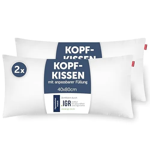Blumtal Kopfkissen 40x80 cm 2er Set- Nackenkissen mit anpassbarer Füllung - 100% Mikrofaser & waschbar bis 95 Grad - höhenverstellbares Kissen
