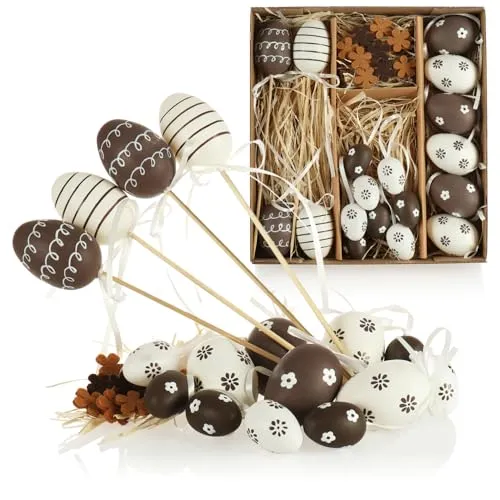 com-four® 18-teiliges Osterdeko-Set - Osterdeko für den Osterstrauß - Ostereier zum Anhängen und Stecken - Streudeko