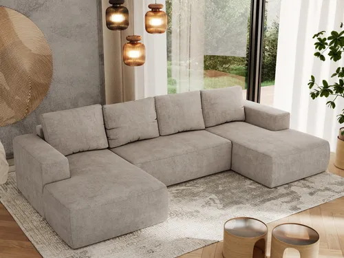 MKS MEBLE Sofa mit Schlaffunktion - Trentino U - Beige Struktur - Ecksofa mit Schlaffunktion und Bettkasten, ideal für modernen Wohnstil. Der großzügige Stauraum und der praktische DL-Mechanismus machen es perfekt für spontane Übernachtungsgäste.