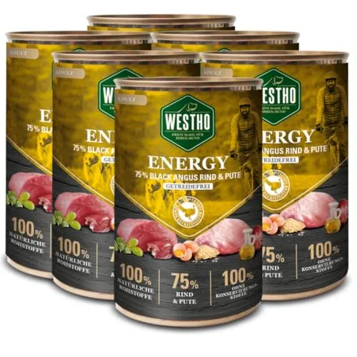 WESTHO Nassfutter Energy Adult (6 x 400g) | 75% Black-Angus-Rind und Pute | Lebensmittelqualität | Getreidefrei | Für ausgewachsene Hunde | Premium HundeWESTHO Nassfutter mit extra viel Fleisch