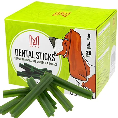 MERSJO Zahnpflege Hund Dental Sticks - Gesunde Snacks, Hunde Leckerlis Ohne Getreide, Zucker und Künstliche Farbstoffe, Unterstützt Zahnreinigung und Reduziert Mundgeruch S (bis 10kg) 28 Stück