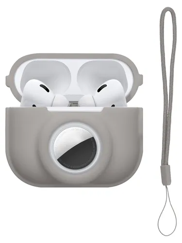 kwmobile 2-in1 Schutzhülle für Apple Airpods Pro 2 Hülle - Kopfhörer Silicon Case kompatibel mit AirTag - stoßfestes Cover mit Karabiner - Grau