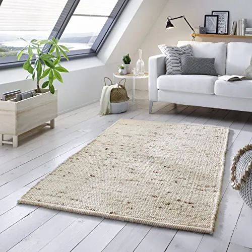 TacaHome Wollteppich Natur Handweb Teppich 160 x 230 cm - Teppich aus 100% Schurwolle im skandinavischen Design, beidseitig nutzbar und frei von chemischen Mitteln – ideal für ein gemütliches Zuhause.