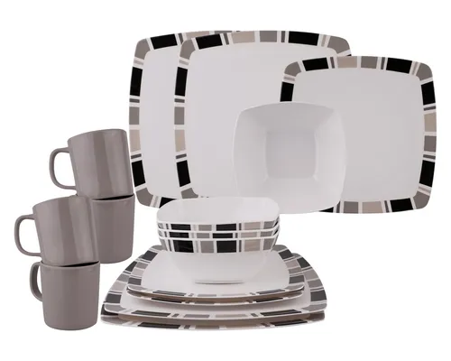 HEKERS Geschirr-Set 100% Melamin Carre - Elegantes Geschirr-Set aus 100% Melamin in modernem Weiß/Grau, bruchsicher und perfekt für Gartenpartys oder den Alltag.