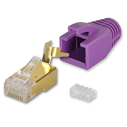 Yonix 10 x Netzwerkstecker RJ45 Cat 7 / 6A | vergoldet | Einführhilfe | Knickschutz | Tülle lila | NSY-758LI