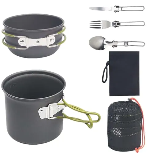 Camping Kochgeschirr Set für 1-2 Personen, Camping Geschirr Set aus Aluminium, Tragbare Camping Topf Pfanne Set mit Faltbare Besteck, Besteck Outdoor Topfset für Kochgeschirr Reisen Wandern