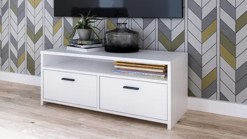 MATKAM Fernsehkommode Mili H 44 x B 100 x T 45 cm, laminierte Möbelplatte 18 mm, ein offenes Regalfach, Metallscharniere, satinierte Griffe (Weiß)