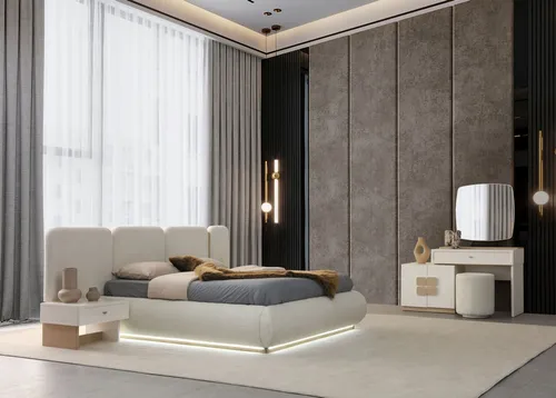 Elegantes 4tlg. Schlafzimmer-Set mit Bett und Schminktisch - Modernes Schlafzimmer-Set mit LED-Licht und 4 Teilen, ideal für stilvolle Einrichtung. Bett mit komfortabler Liegefläche und praktischer Schminktisch mit Spiegel.