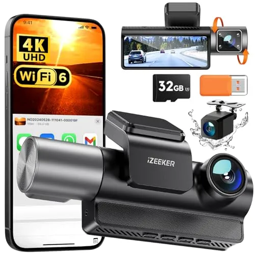 iZEEKER 3-Kanal 4K Dashcam Auto mit 32 GB Karte, Wi-Fi 6, IR-Nachtsicht | 4K+1080P+1080P Vorne Hinten Innen Dash Cam für Autos, WDR, Loop-Aufnahme, G-Sensor, 24/7 Parküberwachung, 170°-Weitwinkel