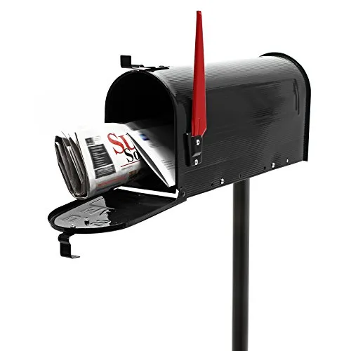 Wiltec Set US Mailbox schwarz 180 x 220 x 480 mm, amerikanischer Briefkasten mit Fahne, Standbriefkasten Stahl amerikanisches Design mit passendem Standfuß