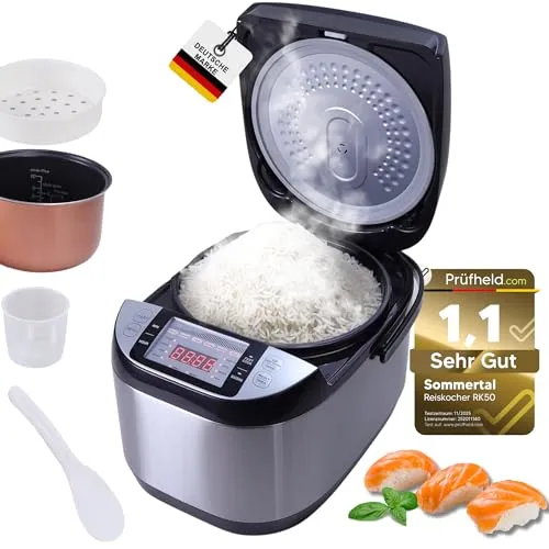 Sommertal Reiskocher 5 Liter XXL für bis zu 15 Personen | 790W | Multikocher mit Touch, 3D Heizsystem, Warmhaltefunktion, abnehmbarem 105 cm Kabel | Dampfgarer mit Dämpfeinsatz & Zubehör | RK50