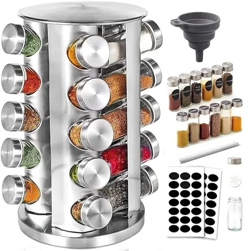 Gewürzkarussell 360°drehbar Gewürzregal, 20 Gewürzgläsern(ohne Inhalt),Lebensmittelqualität 430-Edelstahl Rotationsküchen Gewürzständer,Gewürzdosen zum Streuen,mit Etikettenpapier und Schreibstift