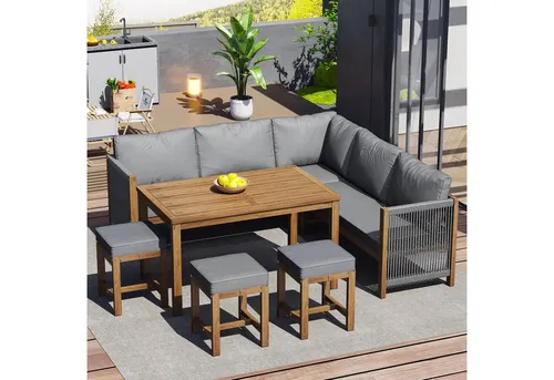 Odikalo Garten-Essgruppe Lounge-Set mit Kissen und Couchtisch - Wetterfestes Gartenmöbelset aus Akazienholz und UV-beständigem Stoff. Hoher Komfort dank hochdichtem Schwamm. Ideal für bis zu 8 Personen, vielseitig einsetzbar für verschiedene Outdoor-Aktivitäten.