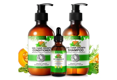 ALIVER Haarpflege-Set mit Biotin, Rosmarin und Minze - Haarpflege-Set mit Shampoo, Conditioner und Haaröl für geschädigtes Haar. Die 3-in-1-Formel fördert das Haarwachstum und sorgt für gesundes, glänzendes Haar.