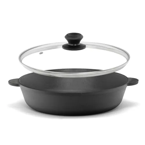 Gusseisenpfanne Ø30 cm mit Glasdeckel - Vielseitige Gusseisenpfanne für alle Herdarten, ideal zum Braten, Schmoren und Kochen. Hält die Temperatur optimal und sorgt für perfekte Bratergebnisse ohne chemische Beschichtung.