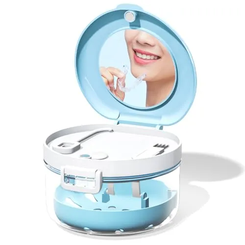 DENTSHIELD Zahnspangendose,Dental Pod für Zahnschiene,Magnetisch Prothesendose mit Spiegel Bürste, Zahnprothesen Box für Die Aufbewahrung und Zum Eintauchen Zahnersatz Reinigungsbäder