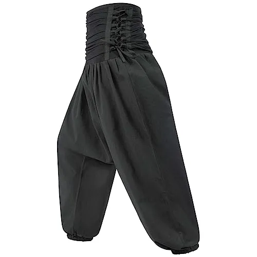 Kunst und Magie Damen Pluderhose Schwarz S/M - Bequeme Haremshose aus 100% Baumwolle für Freizeit, Yoga oder Entspannung. Der weite Schnitt und der elastische Taillenbund garantieren hohen Tragekomfort. Ideal für Damen und Herren, auch als Umstandshose geeignet.