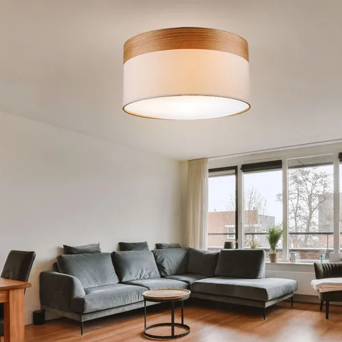 Moderne Deckenleuchte rund in Blau und Beige - Lampen für stilvolle Räume: Diese Deckenleuchte kombiniert Holz und Textil in einem eleganten Design und sorgt für eine warme Atmosphäre – ideal für Wohn- oder Esszimmer.