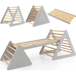 COSTWAY 3 in 1 Kletterdreieck & Leiter & Rutsche, Klettergerüst mit doppelseitigen Rampe, Sprossendreieck zum Klettern und Rutschen, für Kleinkin... - Naturbelassen/Grau