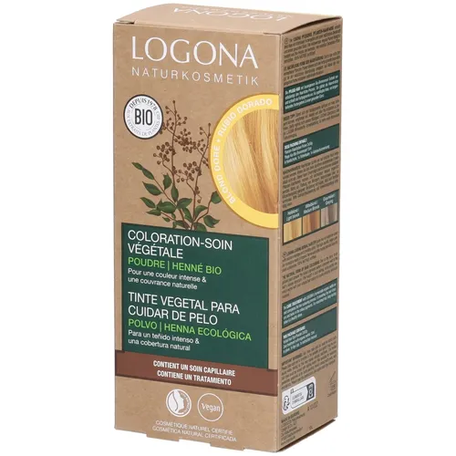 LOGONA Pflanzenhaarfarbe Goldblond mit Bio-Henna - Veganes Haarfarbe-Pulver für intensive Farbe und Glanz, enthält Bio-Henna und Pflanzenstoffe aus biologischem Anbau. Langanhaltend und für eine natürliche Deckkraft.