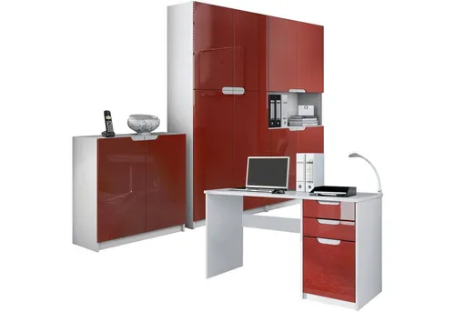 Vladon Aktenschrank Logan - modernes Büromöbel-Set in Weiß matt/Bordeaux Hochglanz - Die Büroserie Logan bietet modernes Design und höchste Funktionalität. Ideal für Home-Office und professionelle Nutzung. Stabil, elegant und mit Softclose-Scharnieren ausgestattet.