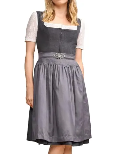 Krüger Dirndl Evi 60cm Länge Ton-in-Ton | Elegantes Cord-Dirndl Reißverschluss | Dirndlschürze mit Schließe | Damen (DE/NL/SE/PL, Numerisch, 42, Regular, Regular, grau)