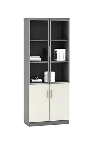 Moderner Grauer Büroschrank - Designer Aktenschrank mit 4 Türen - Geräumiger Büroschrank für Erwachsene, ideal für das Arbeitszimmer. Mit stilvollem Design und robustem Holz- und Glasmaterial bietet er viel Stauraum bei kompakten Maßen von 80 x 40 x 200 cm.
